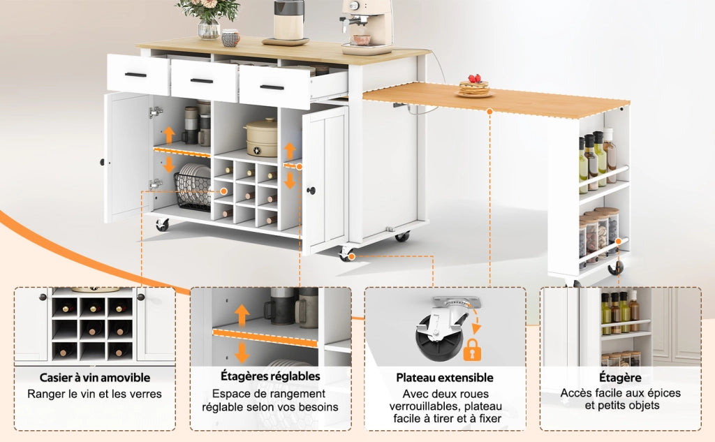 Isola da cucina mobile con piano estraibile, 3 cassetti, portabottiglie e presa USB, 136(223)x50x93 cm, MDF, Natural/White