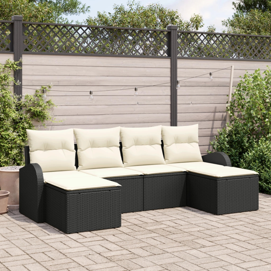 Set Divano da Giardino 6 Pezzi con Cuscini Nero Rattan PE
