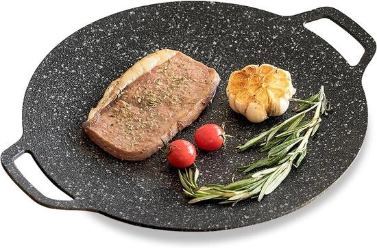 Piastra Grill a Fiamma Larga e Rotonda - Superficie Antitraspirante - Maniglie Doppie - Lega di Alluminio - Per Fornelli a Gas/Barbecue - 25cm