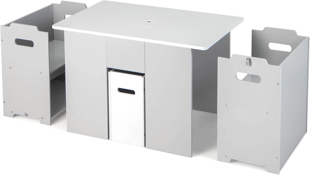 Set di Tavolo e Sedie per Bambini 4 in 1, Tavolo di Attività per Bambini con 2 Sedie Impilabili Coperchio Rimovibile e Contenitore, Grigio + Bianco, per bambini dai 3+ anni