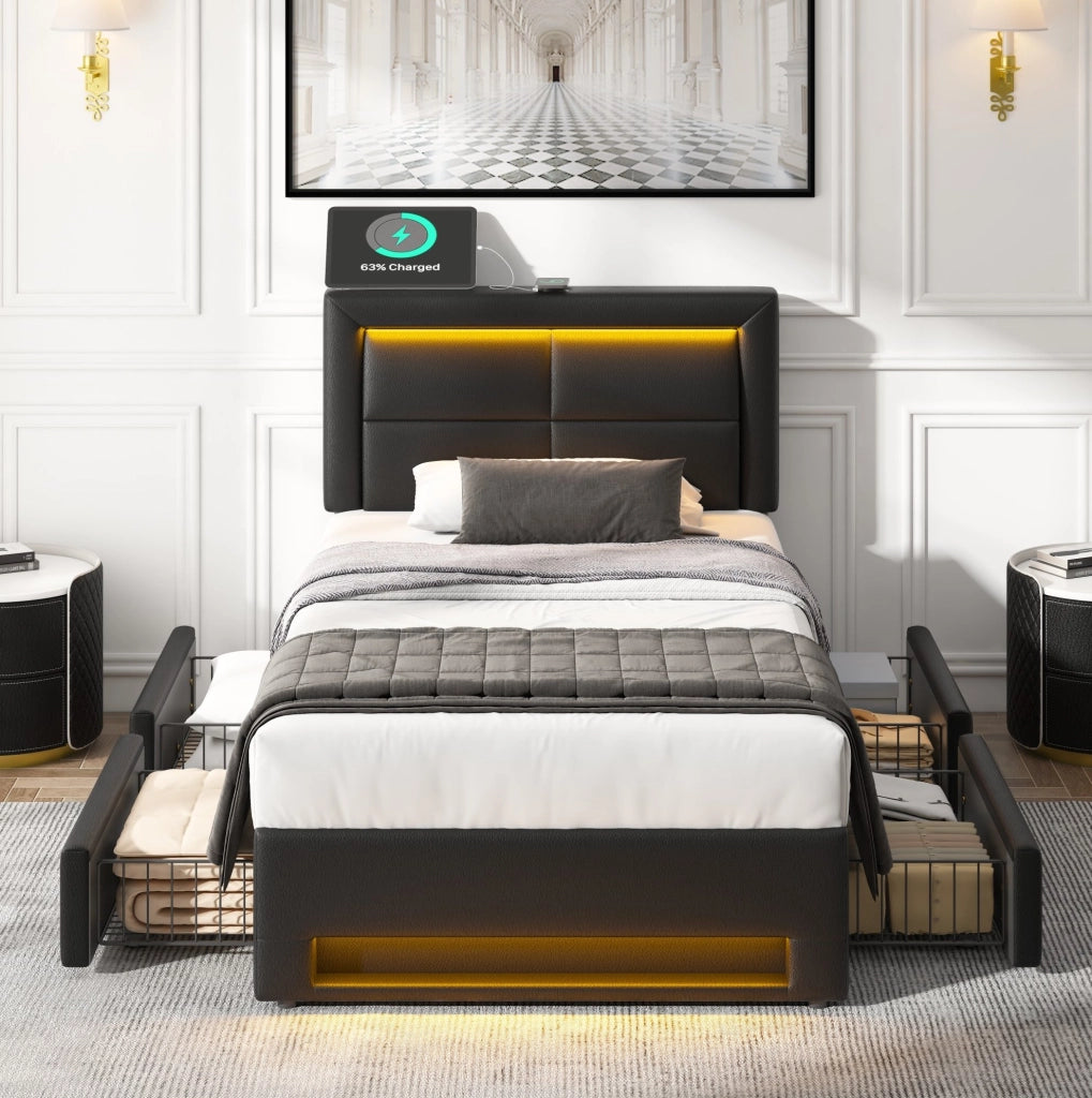 Letto imbottito 90x190 cm con USB; LED e 4 cassetti; PU nero