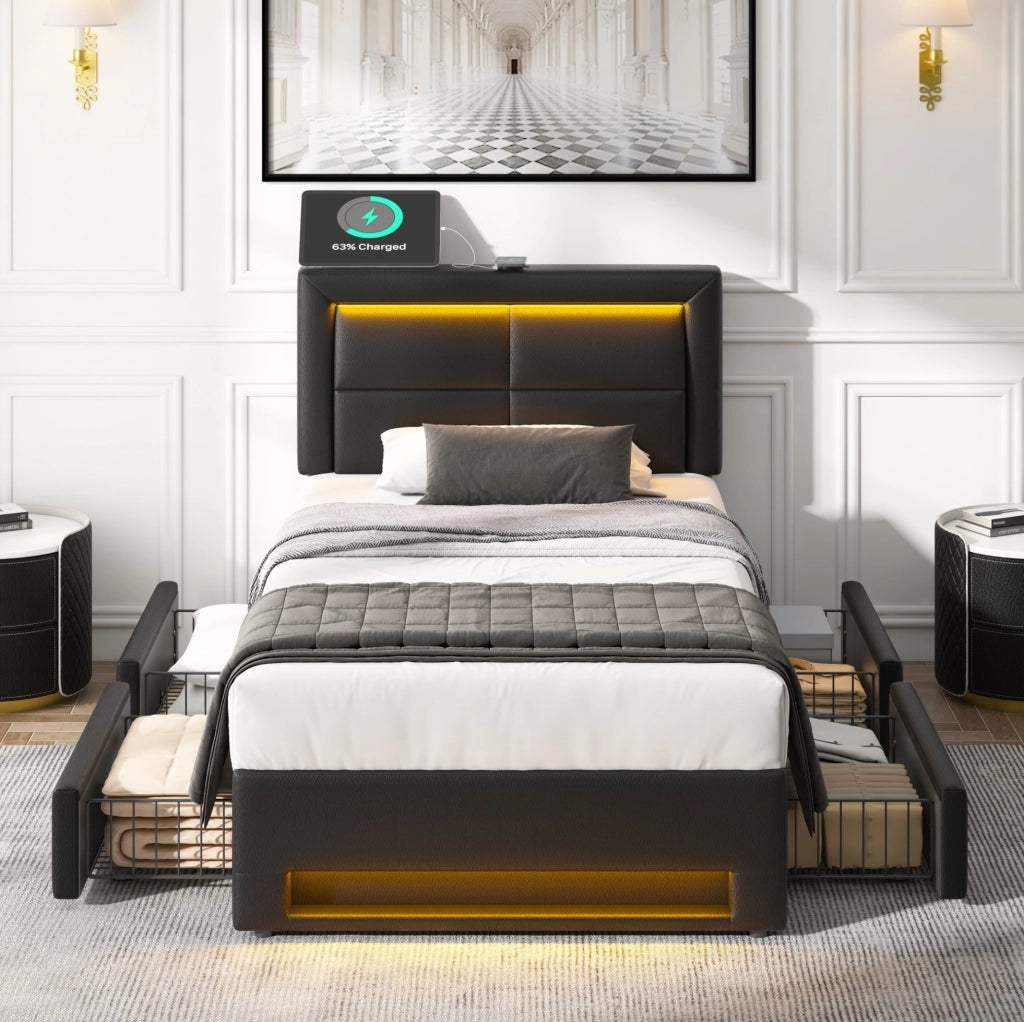 Letto imbottito 90x190 cm con USB; LED e 4 cassetti; PU nero