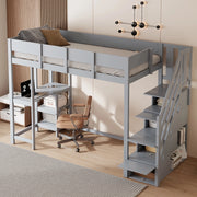 OKWISH Letto a Soppalco 90×200 cm, Letto Singolo con Scala Contenitore, Mensola integrata e Sponde, senza Materasso, Grigio