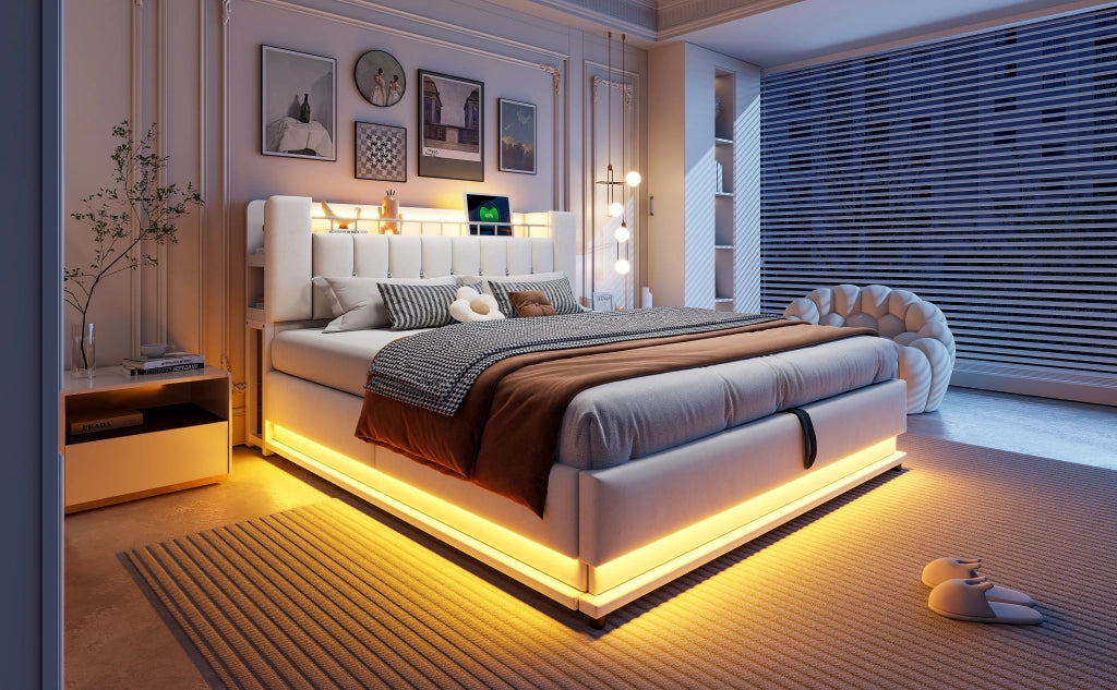 DESMIU Letto contenitore 180 × 200 cm 2 posti con LED, USB e vano idraulico, senza materasso, in velluto, beige