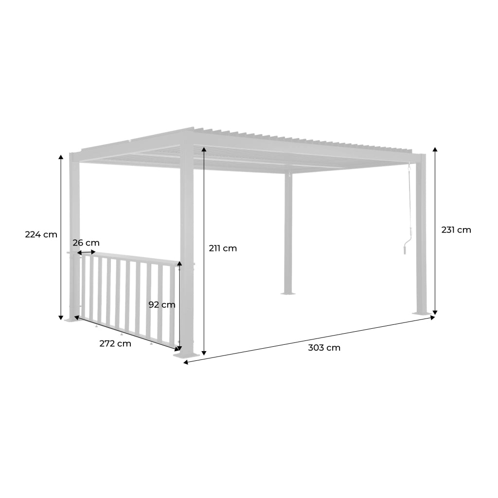 Pergola bioclimatica 3x3m in alluminio e acciaio + ringhiera bassa 3m,