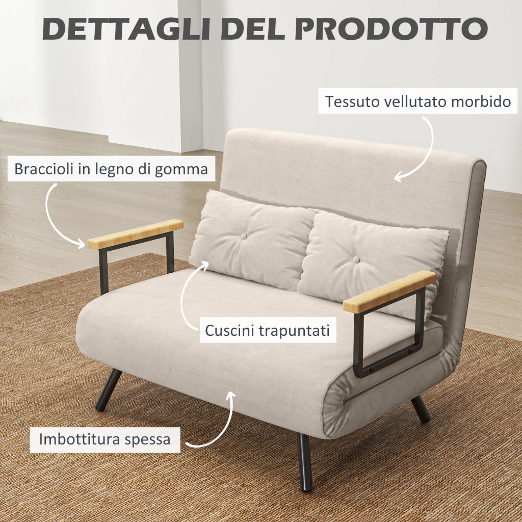 Divano Letto in Tessuto Velluto con Schienale Regolabile e Cuscini ¨C zephmum ¨C Bianco Crema 102x73x81 cm