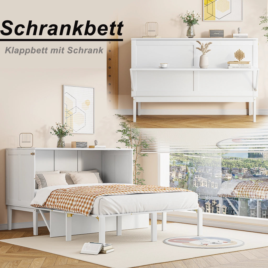 DESMIU Letto a scomparsa 2 posti con vani portaoggetti e funzione consolle 140 × 200 cm, senza materasso, bianco