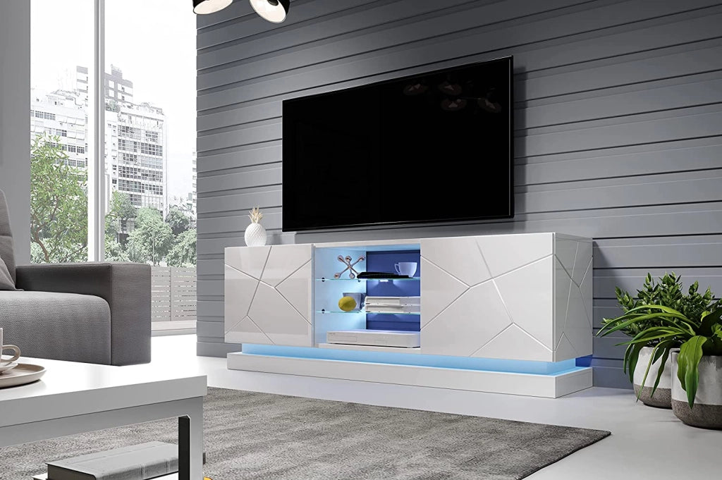 MOBILE TV SOGGIORNO CON LED BLU MODELLO QIU 160X42X57H BIANCO LUCIDO