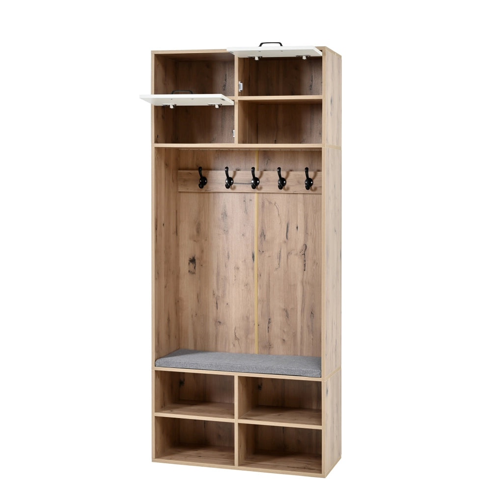 Mobile da ingresso con 5 ganci, 2 ante, 4 vani aperti e LED, in truciolare, bianco naturale, 80 × 35 × 185 cm