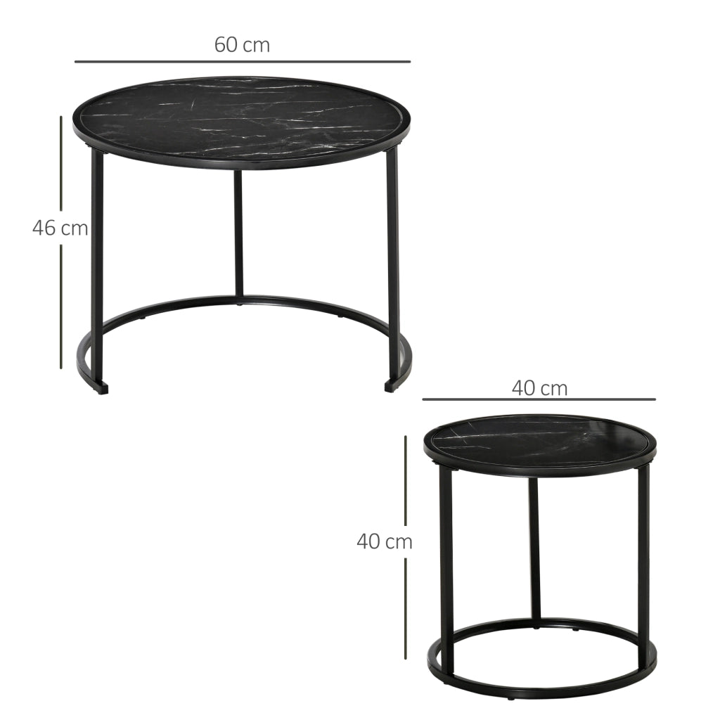 Set 2 Tavolini Nido Rotondi Apilabili ¨C Zephmum ¨C Effetto Marmo Nero ?60x46/?40x40