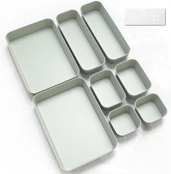 Box organizzatore per cassetto, 8 pezzi, organizzatore, sistema di stoccaggio, cucina, bagno, cosmetici, spezie, archiviazione, organizzazione, cassetto, plastica, ufficio, scrivania, scheda con tappeti in silicone (verde)