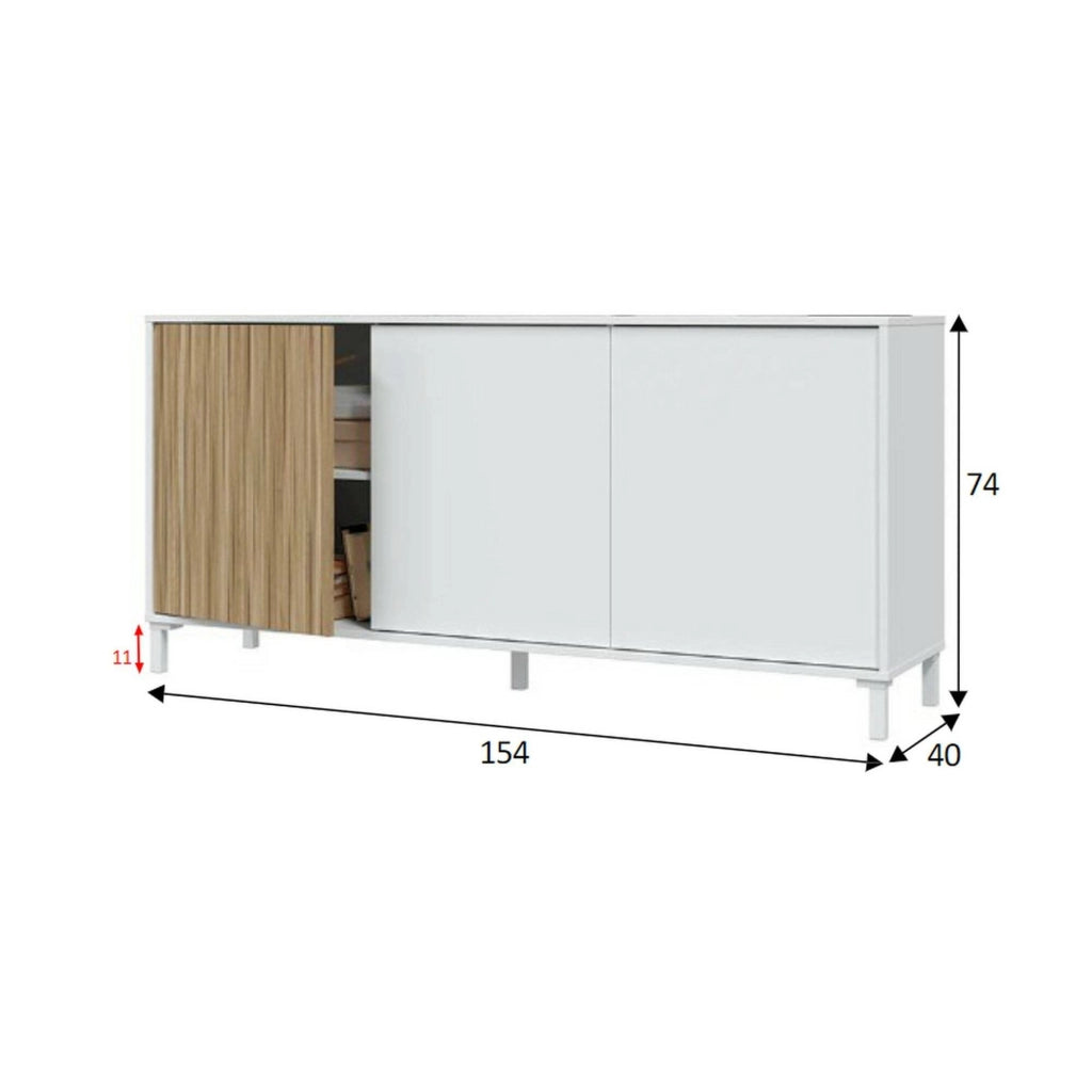 Credenza Ametista, Buffet da soggiorno a 3 ante, Madia moderna da salotto, 154x40h74 cm, Bianco