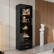Vetrina con LED, 1 anta e 3 cassetti, frontale lucido, per soggiorno e studio, in MDF, nero, 60 × 35 × 180 cm