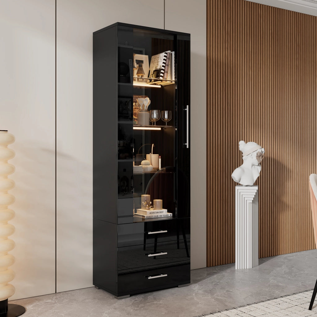 Vetrina con LED, 1 anta e 3 cassetti, frontale lucido, per soggiorno e studio, in MDF, nero, 60 × 35 × 180 cm
