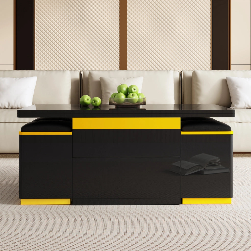Tavolino da Salotto Sollevabile con 4 Pouf e Contenitore per Soggiorno 100 × 50 × 43 cm