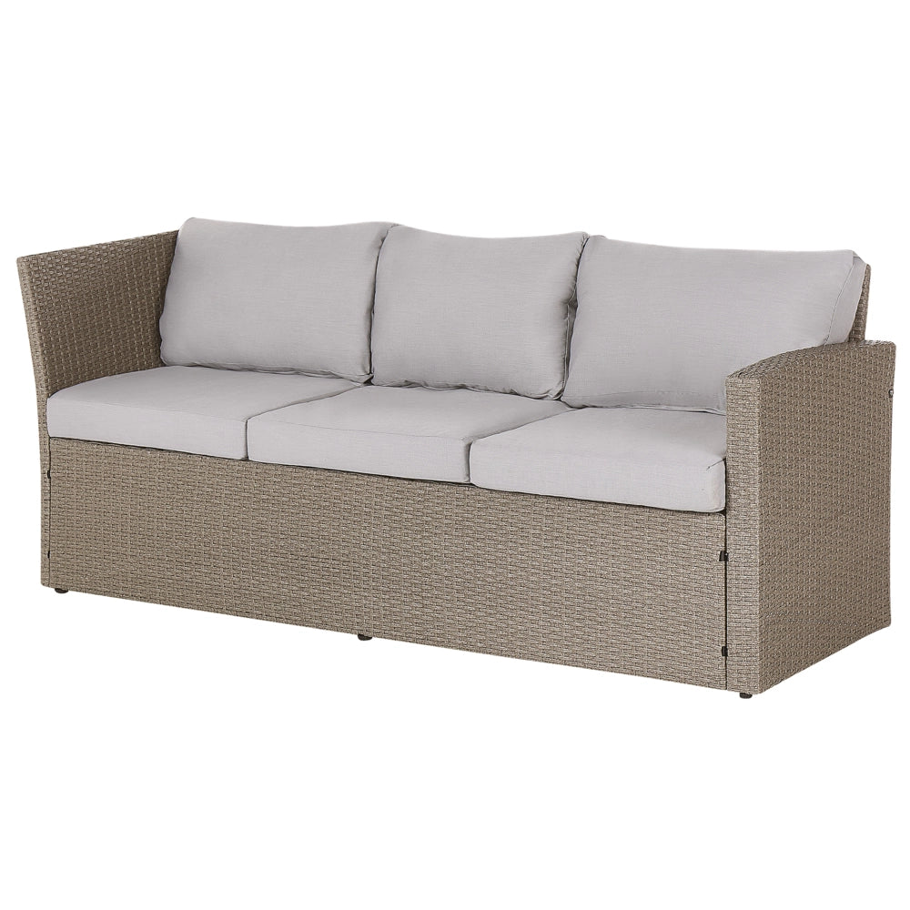 Divano ad angolo da giardino Set grigio Rattan Sintetico Taupe Cuscini Divano a 5 posti Tavolo 2 ottomani Set da pranzo all'aperto