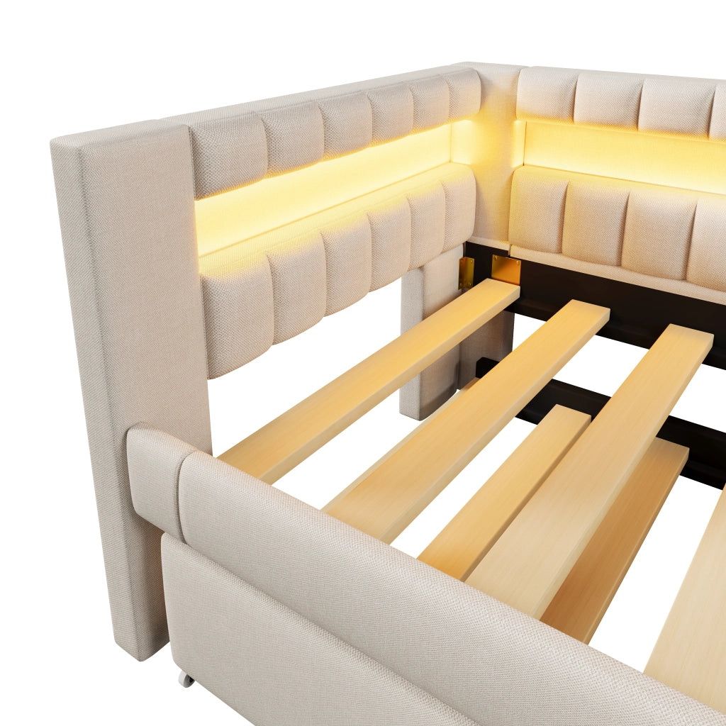 Letto estraibile singolo 90×200 cm con LED; USB e Type-C; senza materasso; lino; beige