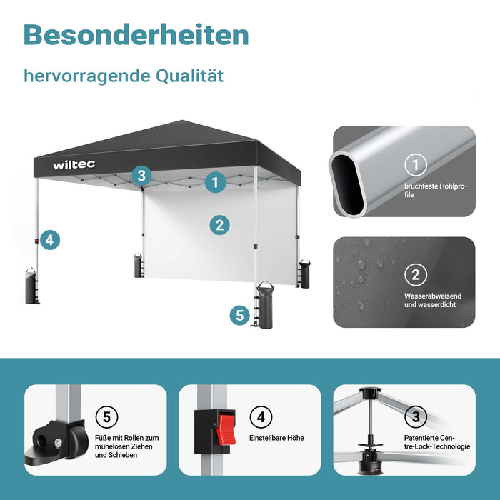Gazebo pieghevole 3 x 3 m grigio con ruote, con tecnologia "One Push", da giardino con protezione UV 50+, per campeggio