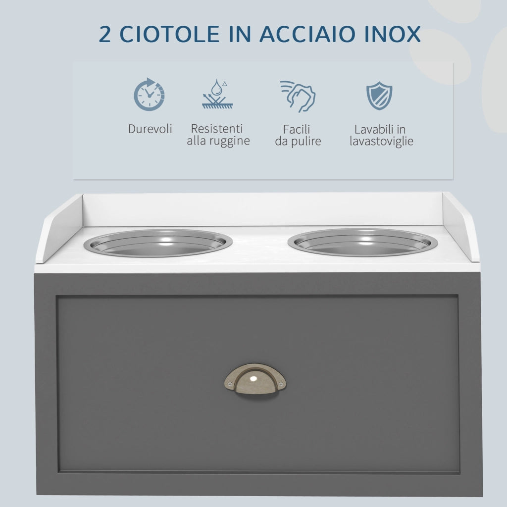 Ciotole per Cani Rialzate 60x30x36 cm con Cassetto in Acciaio Inox e Legno Grigio