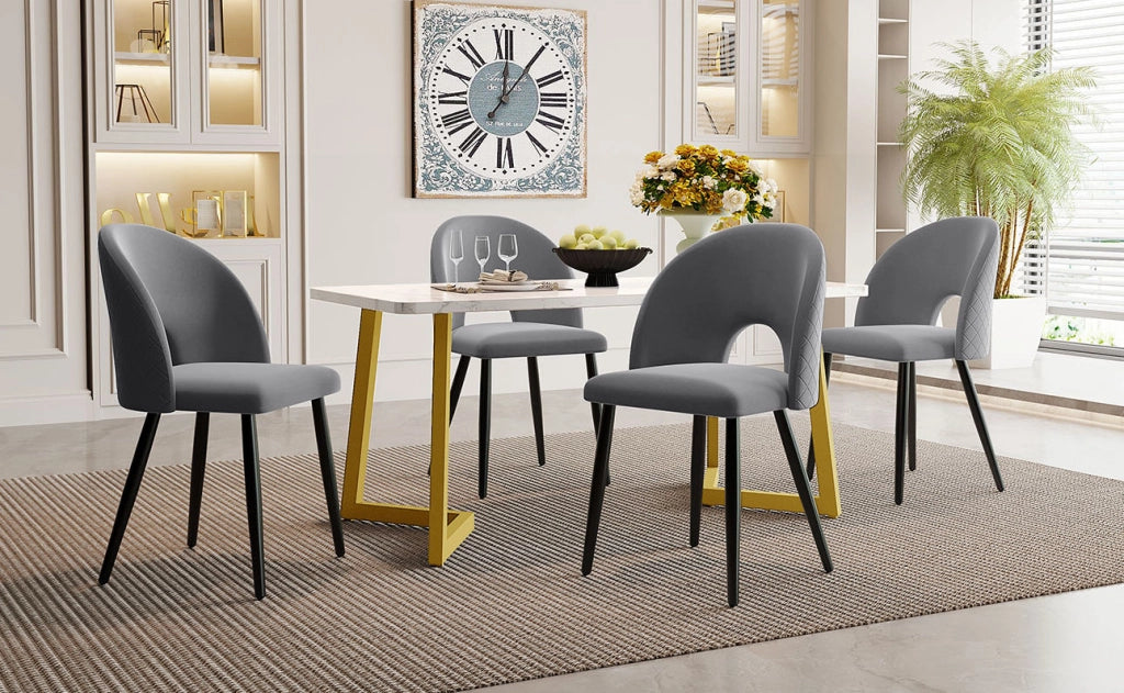 Set da pranzo 5 pezzi con sedie imbottite; schienale con motivo a rombi; velluto grigio