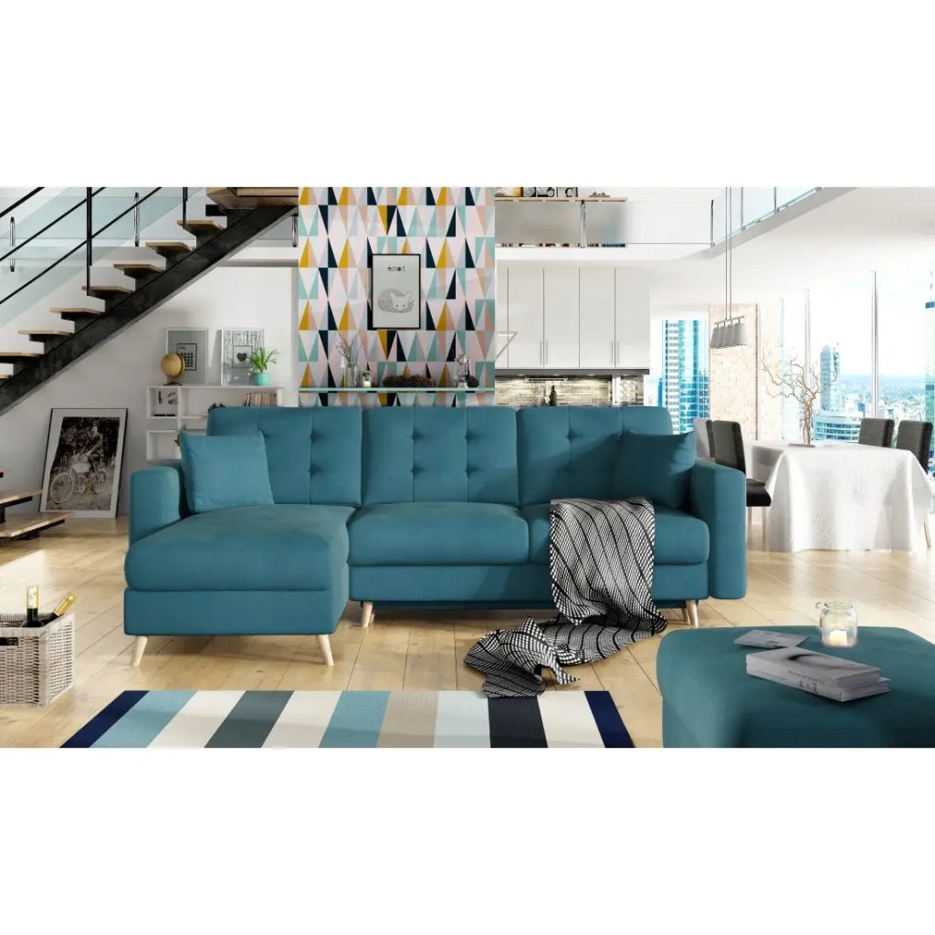 Divano angolare trasformabile HASGARD 3 posti blu 248x162 cm - con vano contenitore e piedi in legno