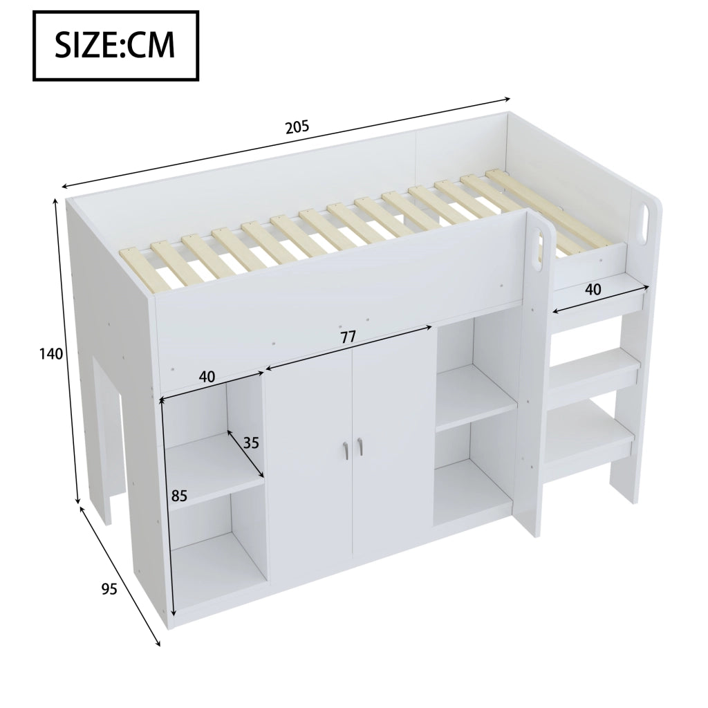 Letto a castello bianco con funzione contenitiva in legno massello 90x200 cm