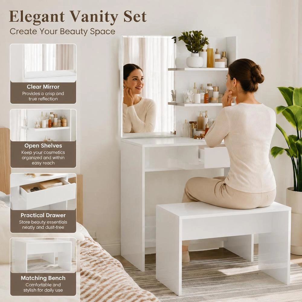 Dressing Table With Mirror, High-gloss White, 74.5x40x141 Cm