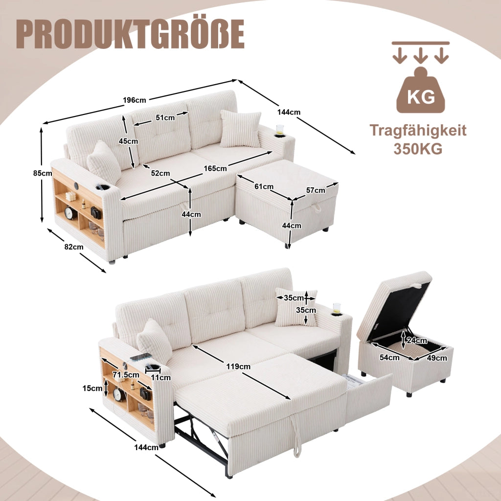 Divano in corduroy con contenitore; letto estraibile e USB-C; beige 196 cm