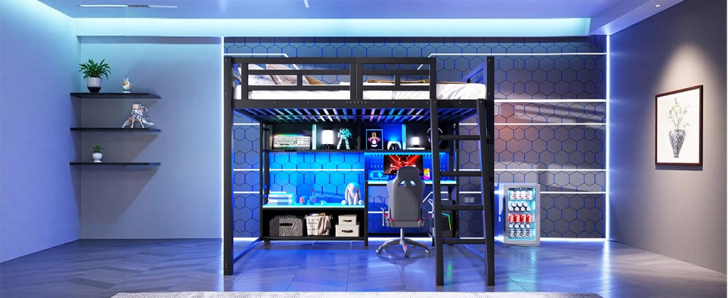 Letto a soppalco gaming 140x200 cm con scrivania; LED RGB e ripiani; nero
