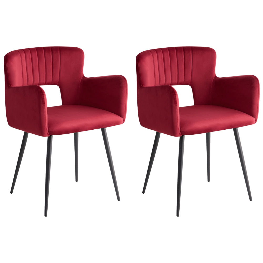 Set di 2 sedie da pranzo velluto rosso scuro braccioli schienale intagliato gambe in metallo moderna industriale