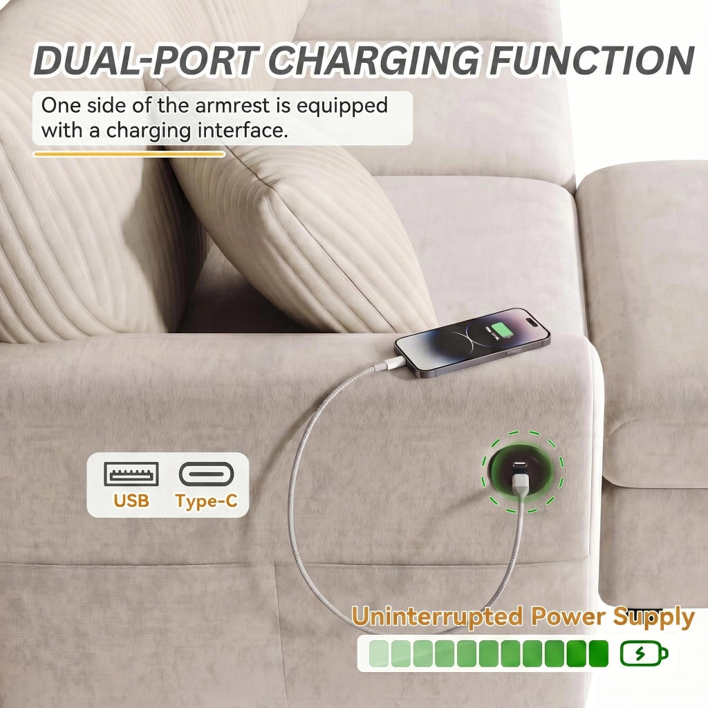 Desviae Divano dritto con 1 porta USB 1 porta Type-C 2 cuscini e pouf in chenille e velluto a coste beige