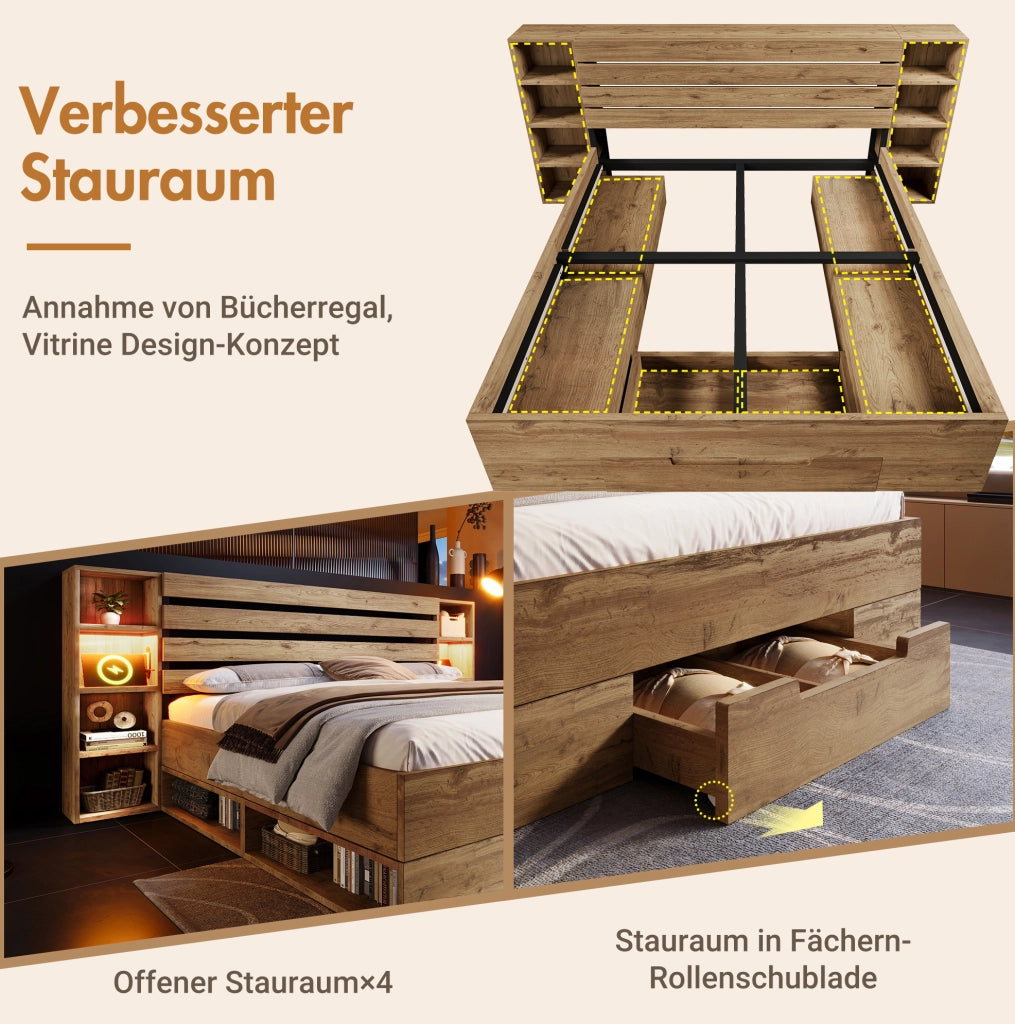 Letto matrimoniale con contenitore, luci LED e porte USB/Type-C, quercia, 160 x 200 cm