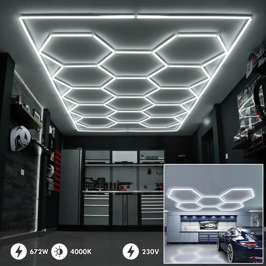 Plafoniera LED 672W luci esagonali lampada moderna componibile nido ape luce garage palestra 73000lm 230V 480cm x 240cm 4000K