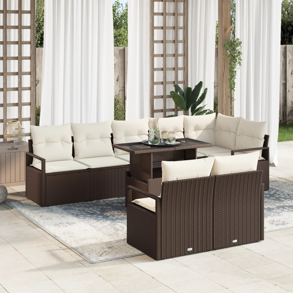 Set Divano da Giardino 9 Pezzi con Cuscini Marrone Rattan Sintetico