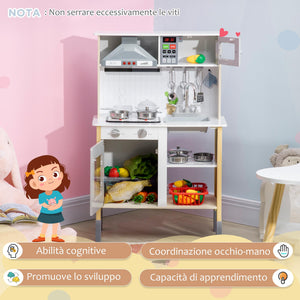 Cucina Giocattolo per Bambini 60x30,5x93,2 cm con Luci e Utensili in MDF e PP Grigio e Bianco