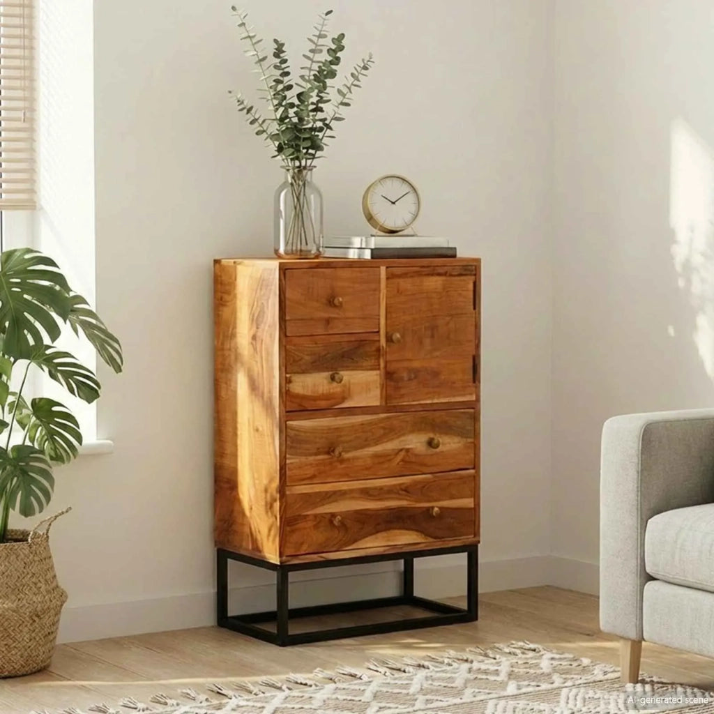 Cassettiera Naturale 55 x 30 x 90 cm Legno di Acacia Massello 4104616