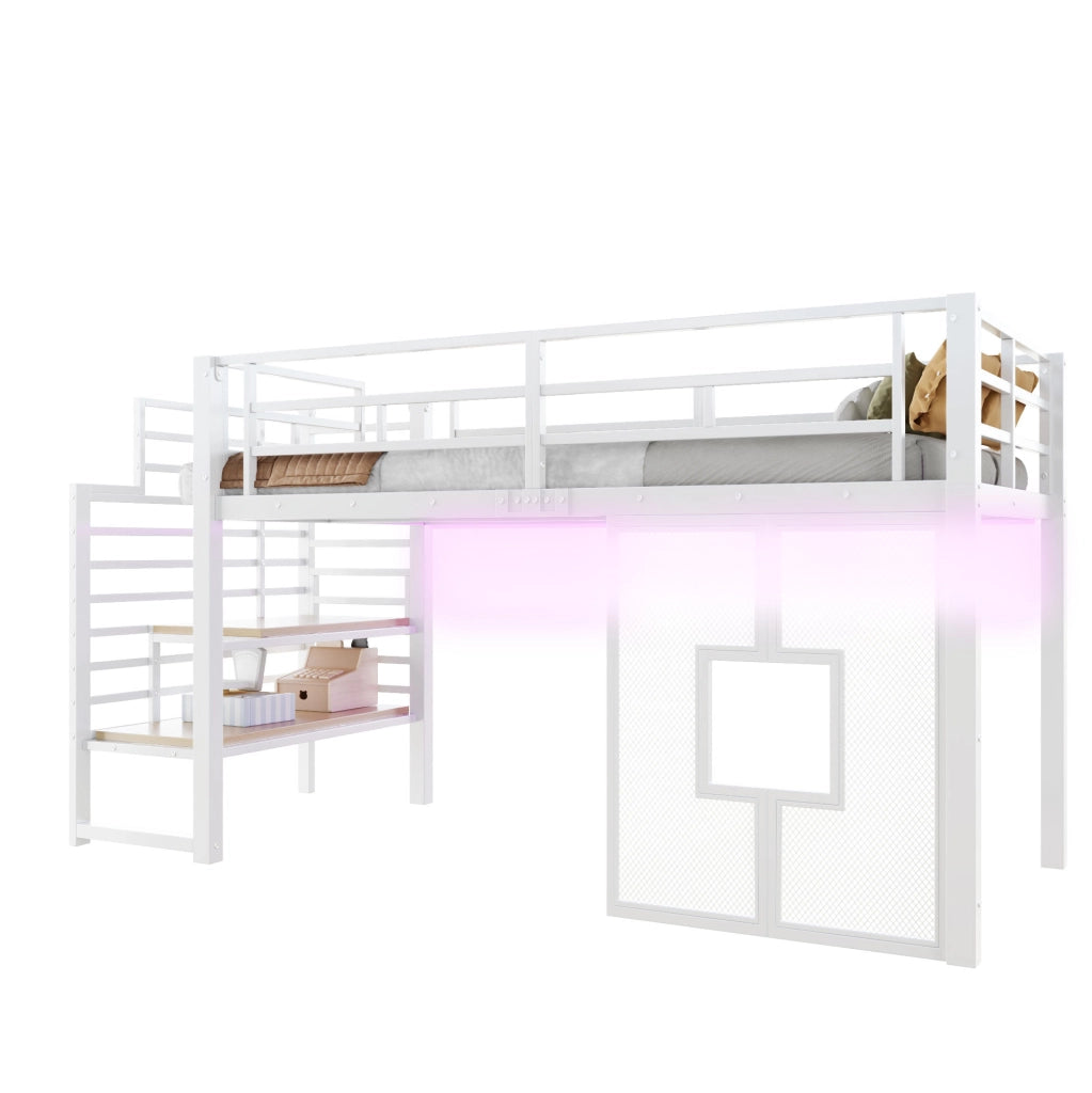 Letto a soppalco 90x200 cm con scala contenitore, LED e finestre