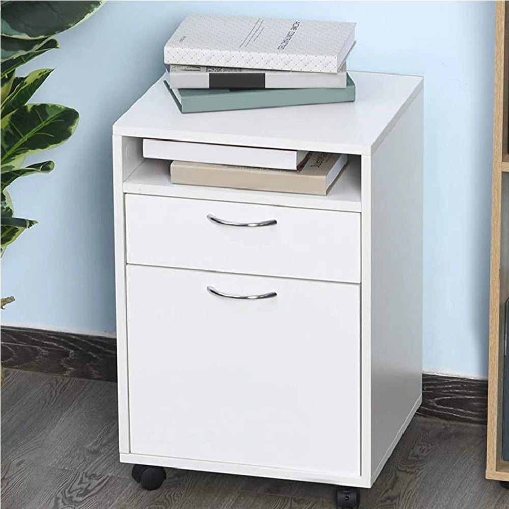 Cassettiera Ufficio Scrivania Legno MDF 1 Cassetto 1 Anta 4 Ruote 40x35x60cm Bianco