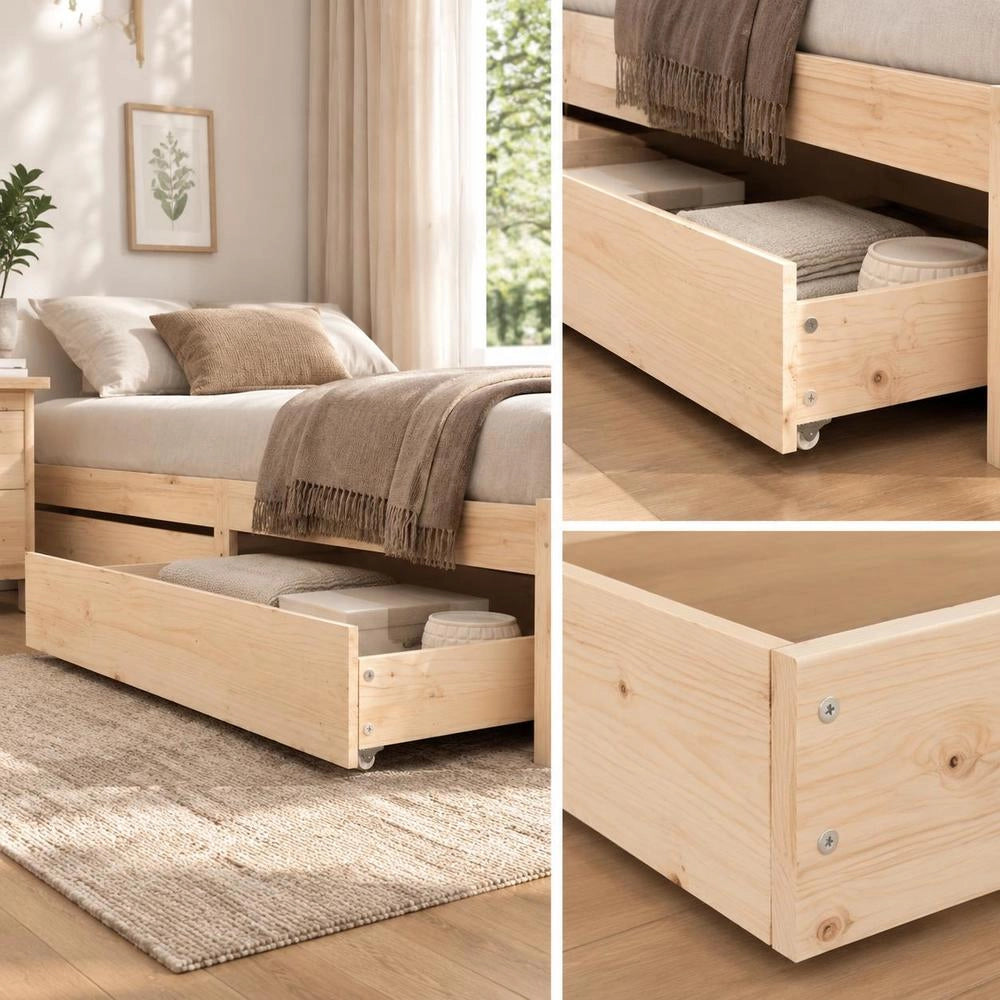 Bed Drawers, 2 Pieces, Solid Pine Wood