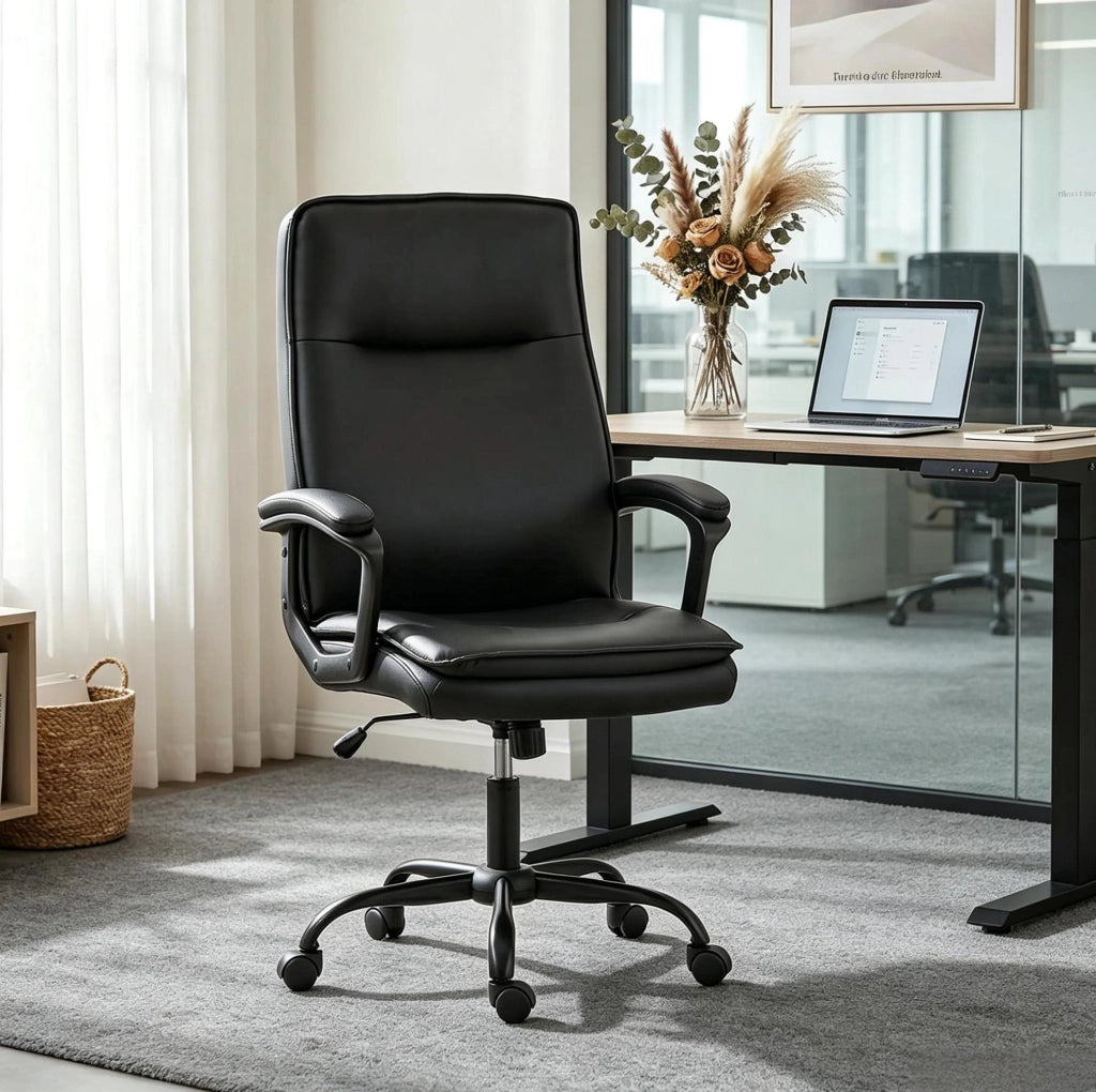 Sedia da ufficio ergonomica nera in PU con supporto regolabile e schienale curvo