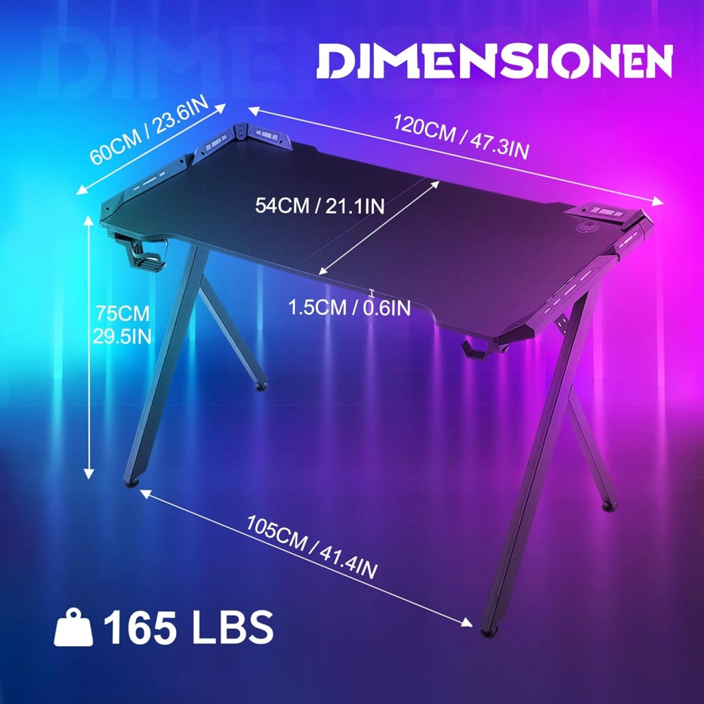Tavolo da gioco con LED, 120 x 60 cm, scrivania da gioco con porta bevande e gancio per cuffie, tavolo da gioco con rivestimento in fibra di carbonio, nero, telaio a Y