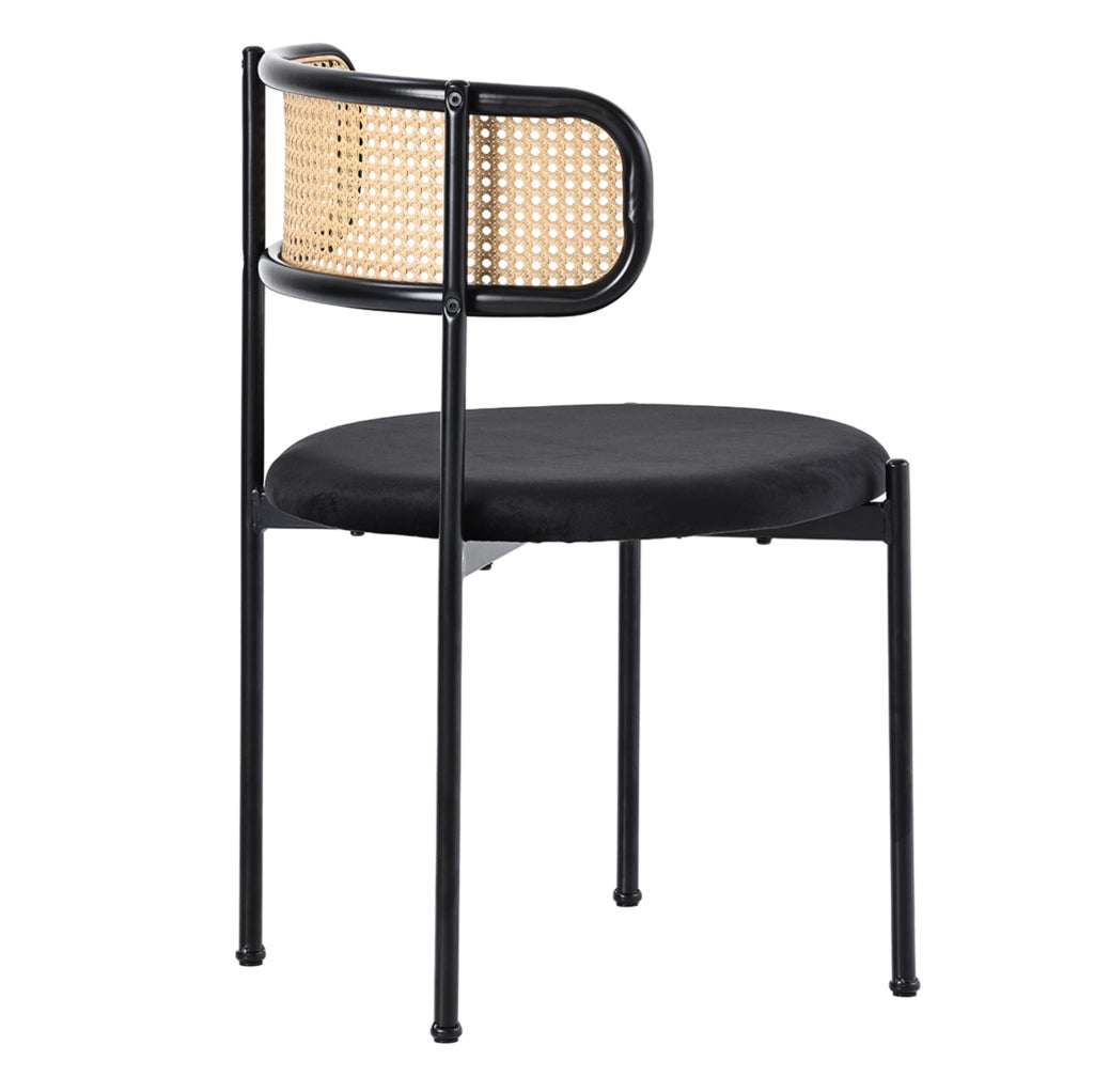 Set di 2 sedie da pranzo in velluto nero con schienale in rattan e gambe in metallo