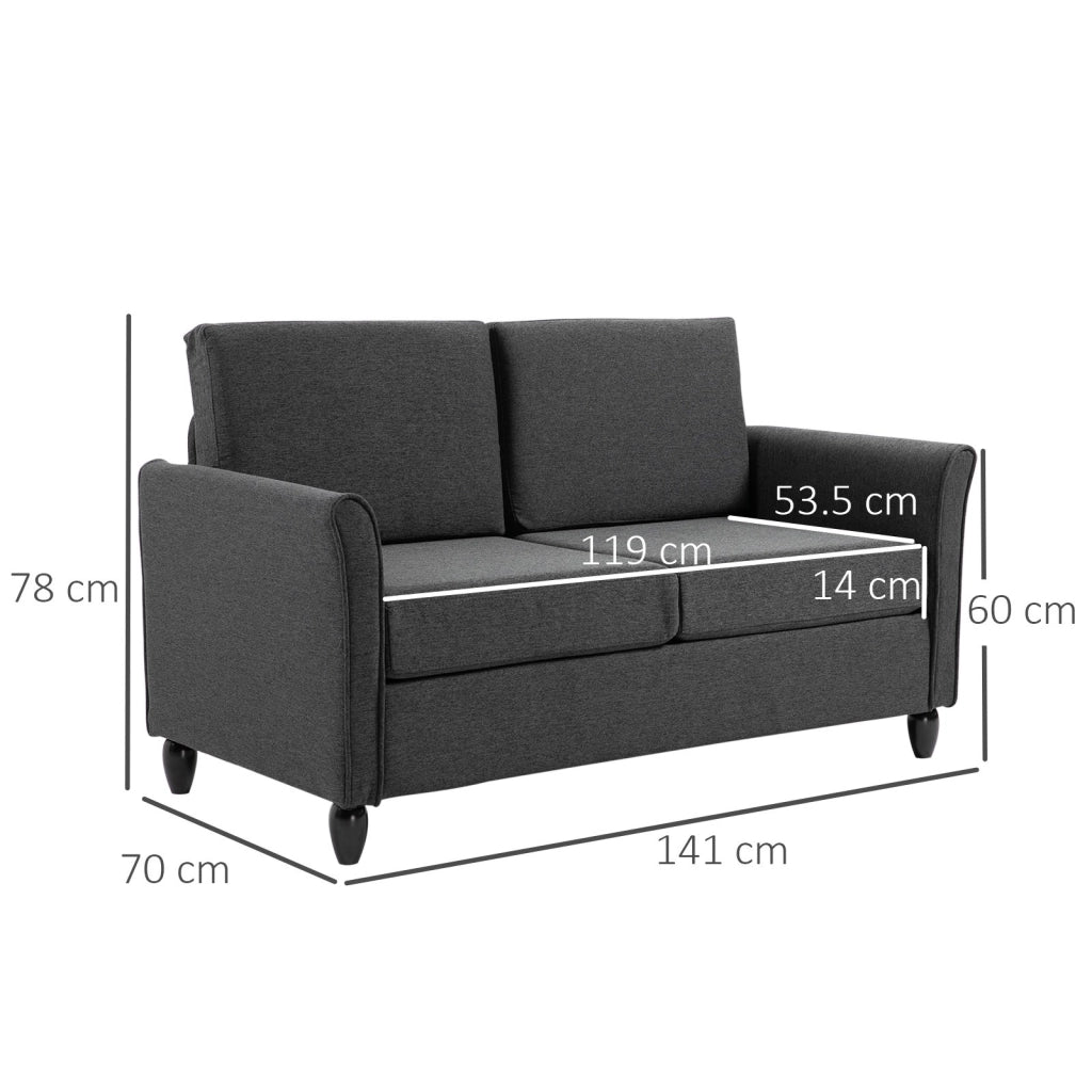 EasyComfort Divano a 2 Posti a Seduta Ampia con Cuscini Rimovibili da Salotto in Tessuto Effetto Lino e Gommapiuma, 141x70x78 cm, Grigio scuro e Nero