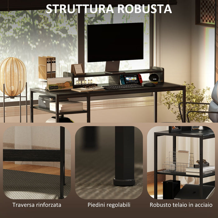 Scrivania Moderna con Supporto per Monitor e Ripiani a Giorno Regolabili 120x48x85,5 cm in Legno e Acciaio Nero