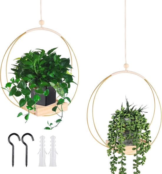 Pendente a Macramé con Pannello di Legno - Altezza 107 cm - Vaso per Piante Supporto per Vaso - Supporto per Piante appeso - Decorativo - Incluso Gancio per Vaso appeso - Adatto per Muri e soffitti