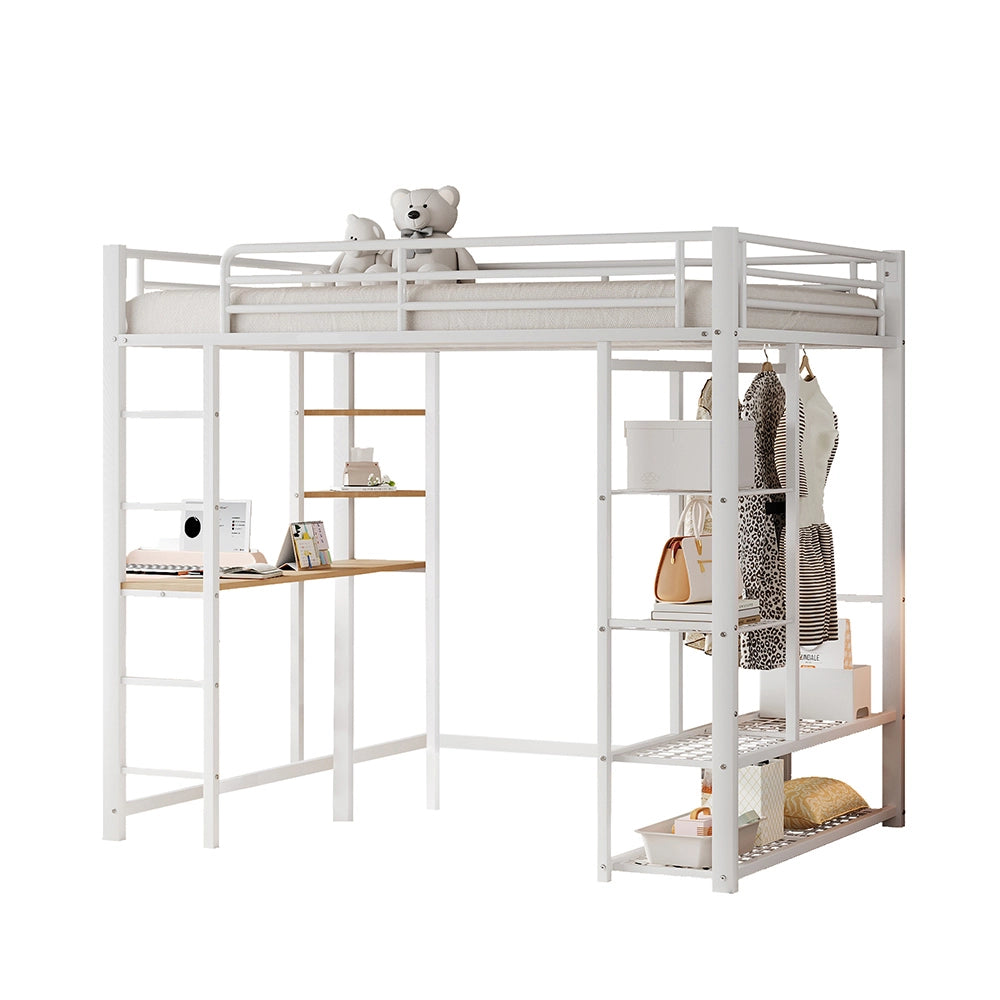 Letto a castello 140x200 cm - Xylo - Bianco con scala, scrivania e spazio di archiviazione