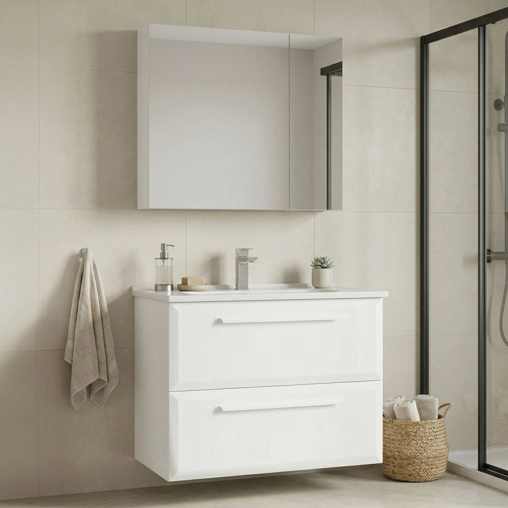 Set mobile lavabo con specchio (2 pezzi) "Nuvola 80 v2" - 80 x 50 x 62 cm - Bianco