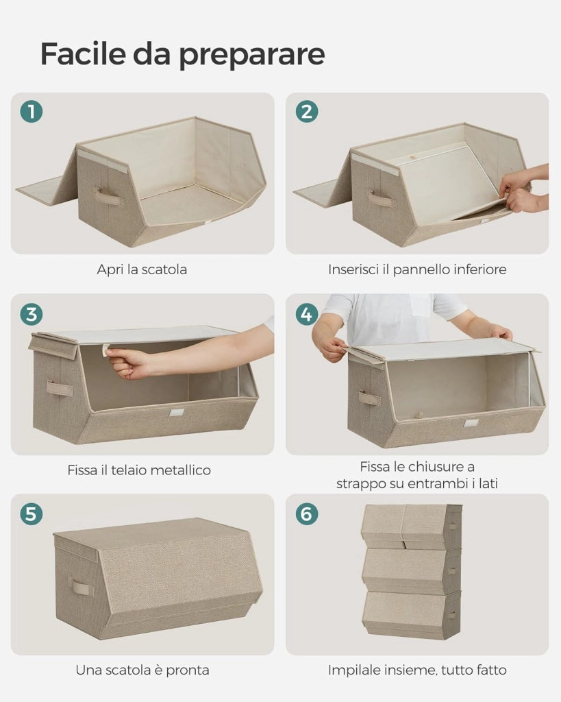 Set di 4 Scatole con Coperchio, Organizzatori Impilabili per Armadi, Contenitori con Chiusura Magnetica, in Tessuto, Struttura in Metallo, per Libri Vestiti, Beige Sabbia