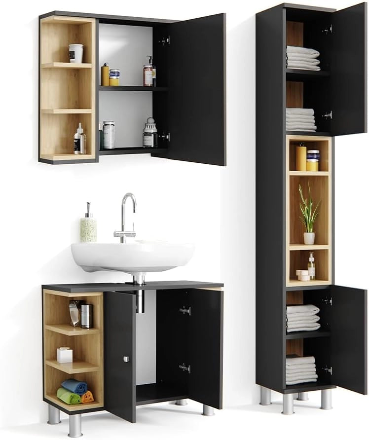 Set mobili bagno Aquis, Antracite, 79.6 cm, composto da mobile sottolavabo, specchiera e colonna alta