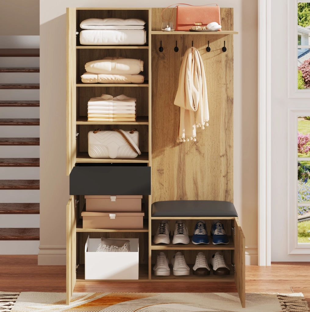 Mobile da ingresso 98，5x38x191 cm in MDF nero e legno con specchio